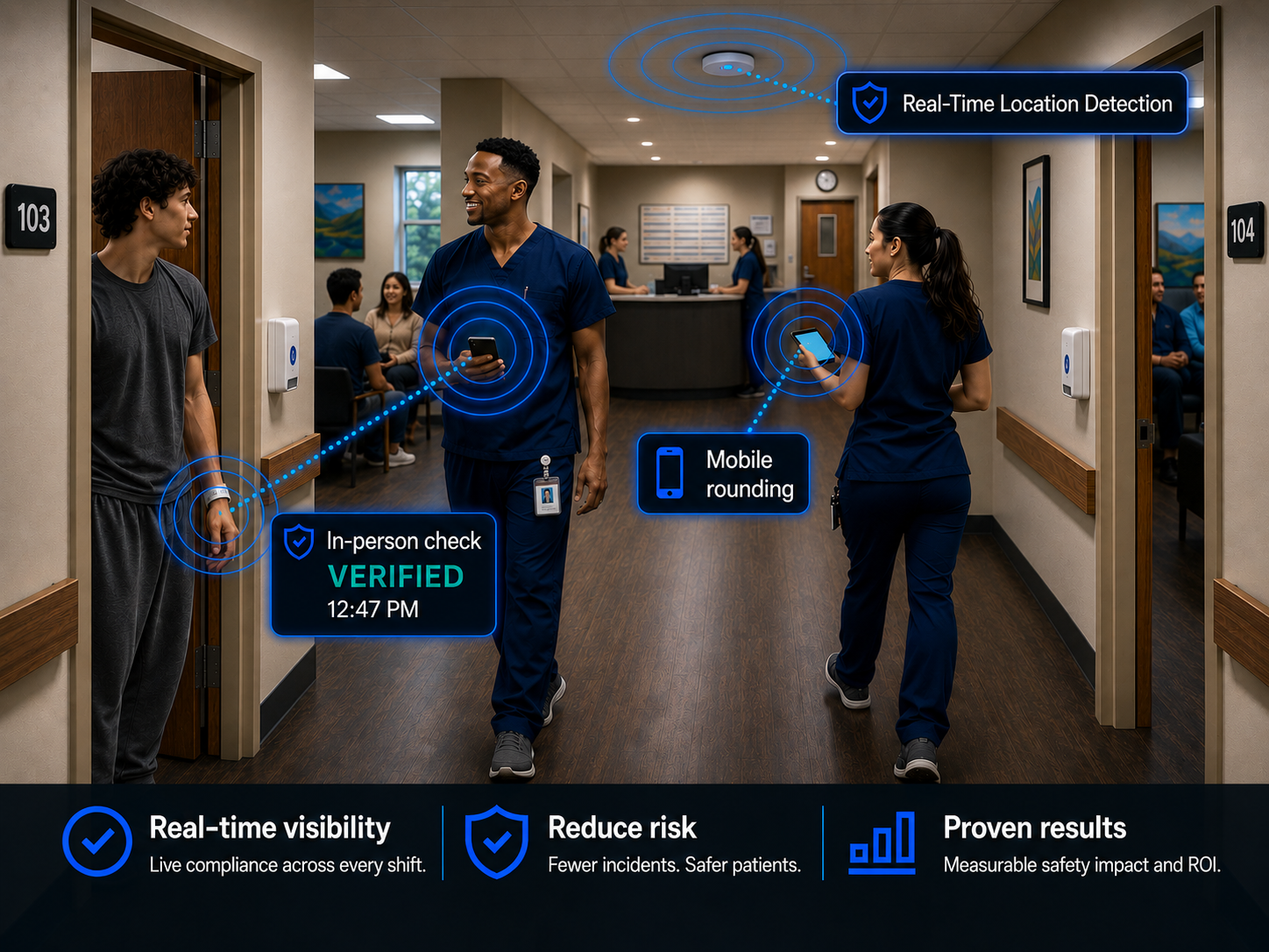 Healthcare workers conducting digital rounding in a behavioral health facility hallway, with UI overlays showing passive monitoring, in-person check verification, and mobile rounding capabilities